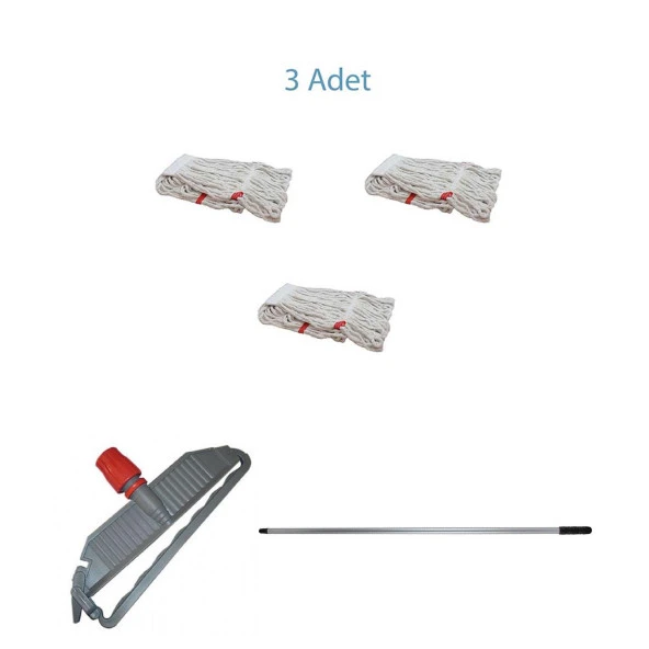 Geniş Yedek Islak Paspas Mop Takımı Seti - 3 Adet Geniş Islak Mop Başlığı  + Metal Sap + Mop Tutucu - 2