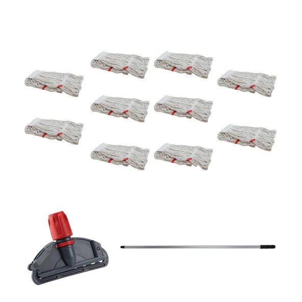 Dar Yedek Islak Mop Takımı - 10 Adet Beyaz 350 Gr. 17 Cm. Islak Mop + Metal Sap + Mop Tutucu ürün görseli 1