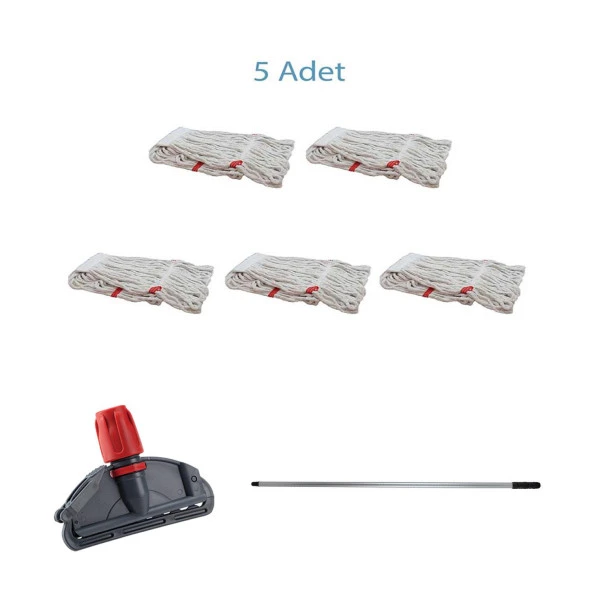 Dar Yedek Islak Mop Takımı - 5 Adet Beyaz 350 Gr. 17 Cm. Islak Mop + Metal Sap + Mop Tutucu - Resim 2