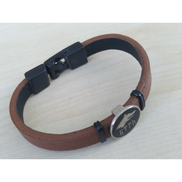 DERİ BİLEKLİK BOZKURT - GÖKTÜRKÇE TÜRK (ERKEK, BAYAN) KAHVERENGİ DERİ, METAL ARMALI