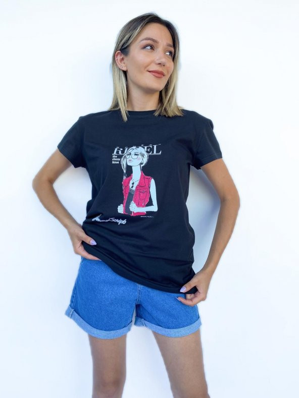 Kadın Women Baskılı Basic Siyah Tshirt
