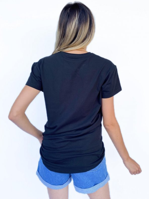 Kadın Women Baskılı Basic Siyah Tshirt - 3