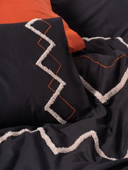 Cotton Box Puf Nakışlı Ranforce Çift Kişilik Nevresim Takımı Mirely Siyah Kiremit - 3
