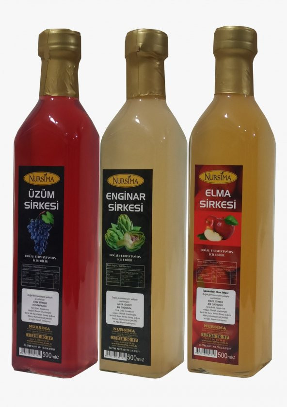 Üzüm Sirkesi 500 ml+ Enginar Sirkesi 500 ml+ Elma Sirkesi 500 ml Cam Ambalaj