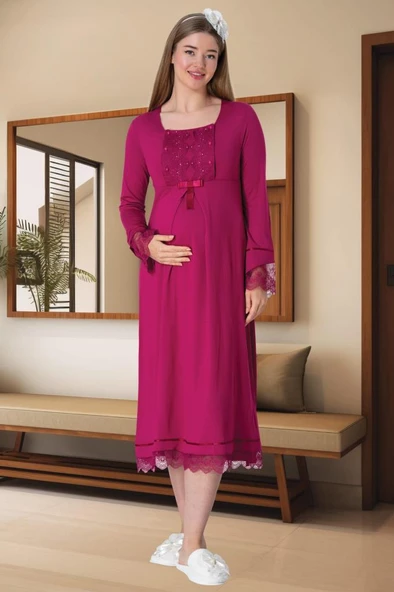 Mecit 5570 Fuşya Triko Sabahlıklı Lohusa Gecelik Takım - 4