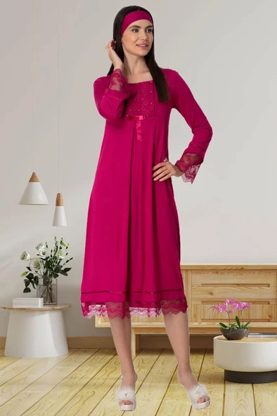 Mecit 5570 Fuşya Triko Sabahlıklı Lohusa Gecelik Takım - 2