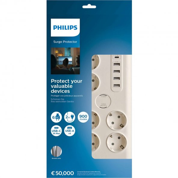 Philips SPN7060WA/62 5 Usb Girişli 6lı 2 m Anahtarlı Akım Korumalı Priz