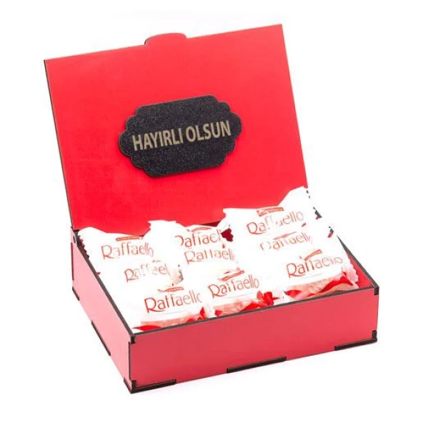 Sevdiklerinize Özel Kırmızı Ahşap Hediye Kutusunda 9lu Raffaello ( Hayırlı Olsun Yazılı )