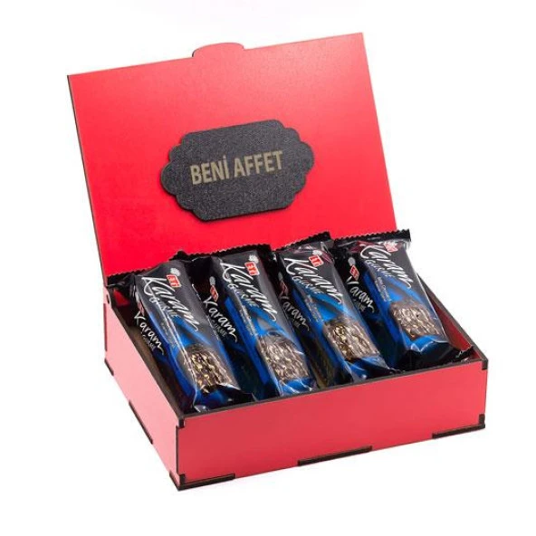 Sevdiklerinize Özel Kırmızı Ahşap Hediye Kutusunda 4 Adet Eti Karam Gurme Bitter Çikolatalı ( Beni Affet Yazılı ) ürün görseli