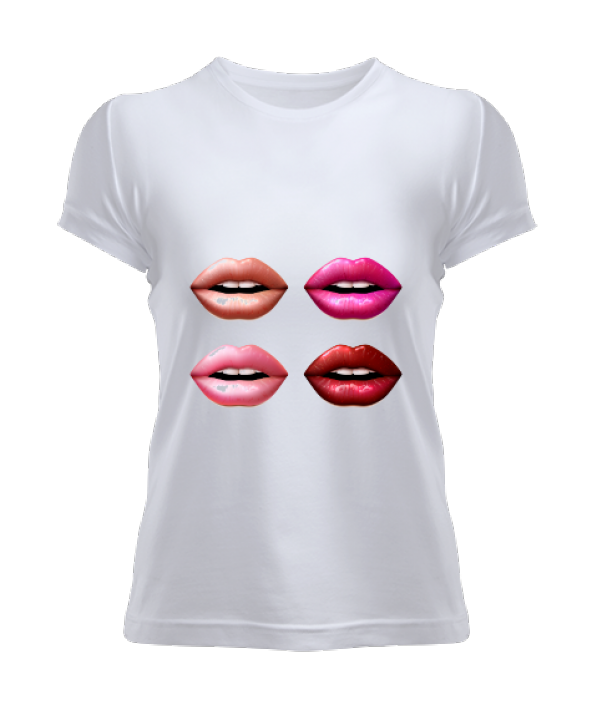 Kadın Kısa Kol Dudak Ruj Desenli Tshirt Kadın Tişört Kadın Tişört