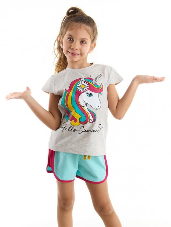 Mushi Çiçekli Unicorn Kız T-Shirt Şort Takım