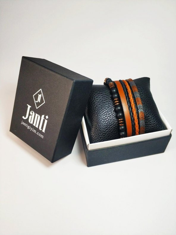 JTKB22018 Janti 3lü Kombin Bileklik Deri Orijinal Hematit Onyx Doğaltaş Garantili Kutulu