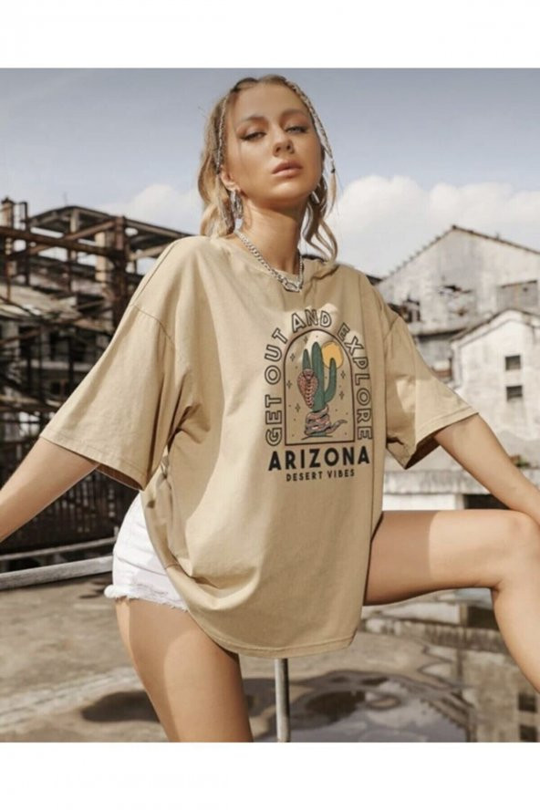Unisex Bej Arizona Baskılı Tshirt