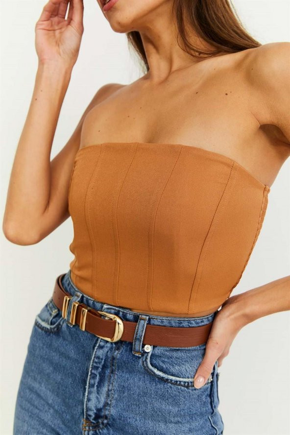 Straplez Kahverengi Crop Bluz - 3