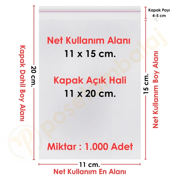 11x15+5 cm. (11x20) 1.000 Adet - Şeffaf Bantlı Yapışkanlı OPP Jelatin Poşet