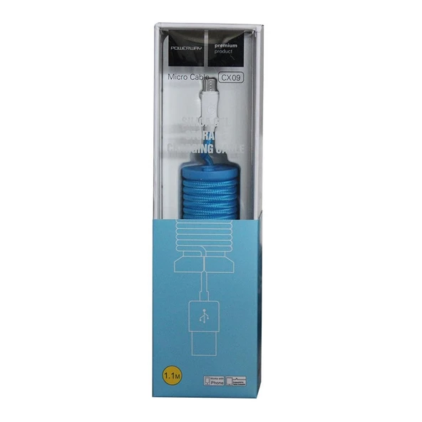 Powerway Micro USB Hızlı Şarj Kablosu Örgülü 1.1M - CX09 Mavi - Resim 2