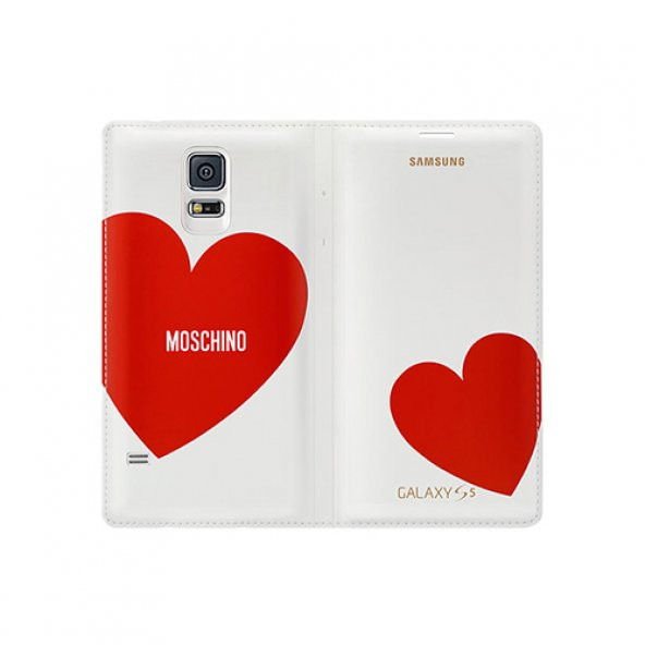 Samsung Galaxy S5 Moschino Flip Wallet Orjinal Kılıf Kırmızı Kalp (Outlet) - Resim 2