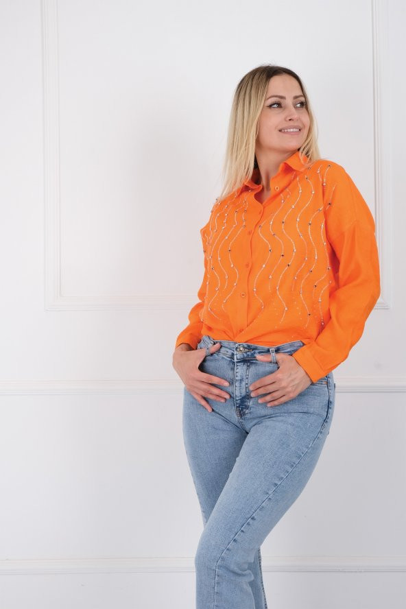 DALGA DESEN TAŞLI OVERSİZE GÖMLEK - TURUNCU - 3