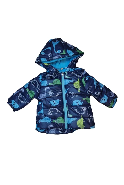 Erkek Çocuk Dinazor Desenli Peluş Astarlı Kapüşonlu Şişme Mont M22326