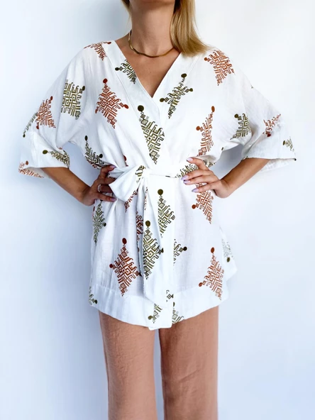 Kadın Tarçın Rengi Keten Kimono Pantolon Takım - 2