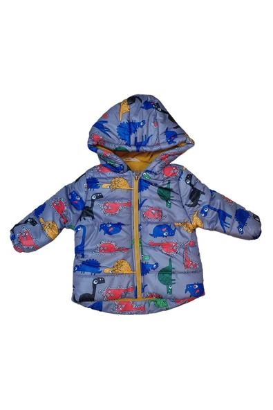 Erkek Çocuk Dinazor Desenli Peluş Astarlı Kapüşonlu Şişme Mont M22326 - 2