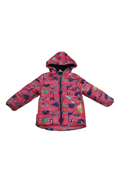 Erkek Çocuk Dinazor Desenli Peluş Astarlı Kapüşonlu Şişme Mont M22326 - 3