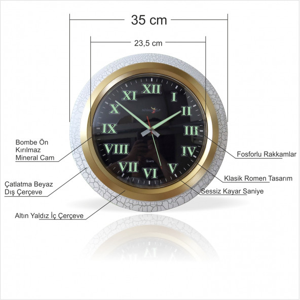 Büyük Çatlatma Beyaz Bombe Camlı 35cm Fosforlu Sessiz Ev Ofis Mutfak Salon Antre Derslik Duvar Saati - Resim 3