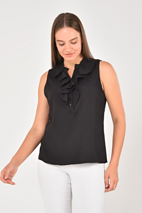 Lir Kadın Büyük Beden Yakası Volanlı Kolsuz Bluz Siyah LRWM22BLZ04 - 2