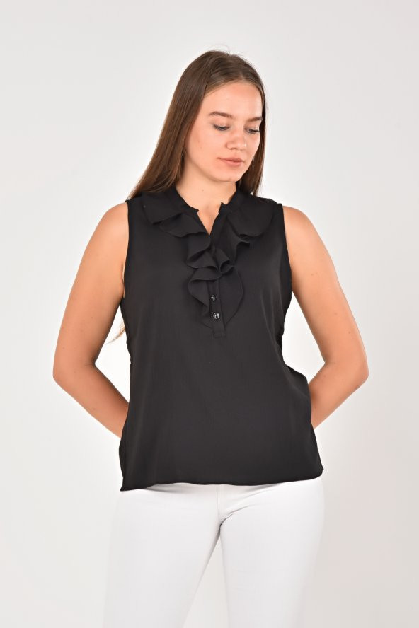 Lir Kadın Büyük Beden Yakası Volanlı Kolsuz Bluz Siyah LRWM22BLZ04 - 3