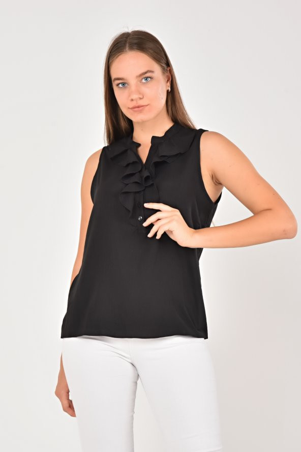 Lir Kadın Büyük Beden Yakası Volanlı Kolsuz Bluz Siyah LRWM22BLZ04 - 6