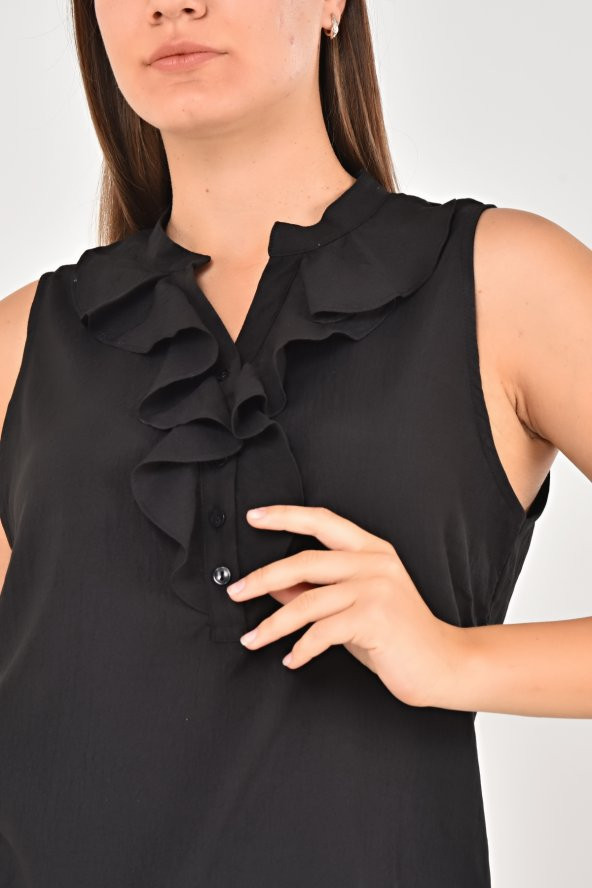 Lir Kadın Büyük Beden Yakası Volanlı Kolsuz Bluz Siyah LRWM22BLZ04 - 8