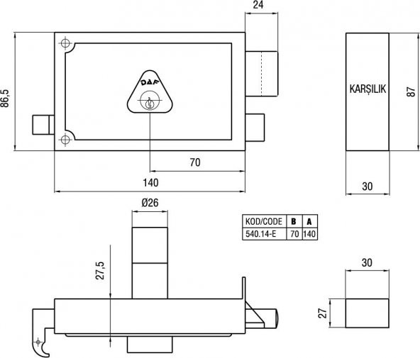 Daf 54014EE Silindirli Tirajlı Ekonomik Kilit Aynasız 140 mm - 2
