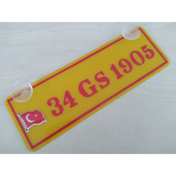 SARI DEKOR PLAKA - 34 GS 1905 kişiye özel (22x7,5cm) vantuzlu Pleksi Dekor Levha SARI KIRMIZI PLAKA