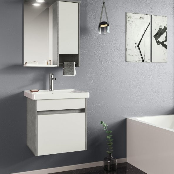 Orka Aydos 55 cm Retro Gümüş/Beyaz Banyo Dolabı Takımı