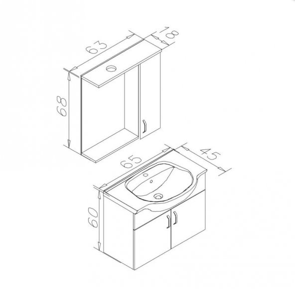 Orka Duru 65 cm MDF Freze Siyah Banyo Dolabı Alt Modül ve Lavabo - Resim 3