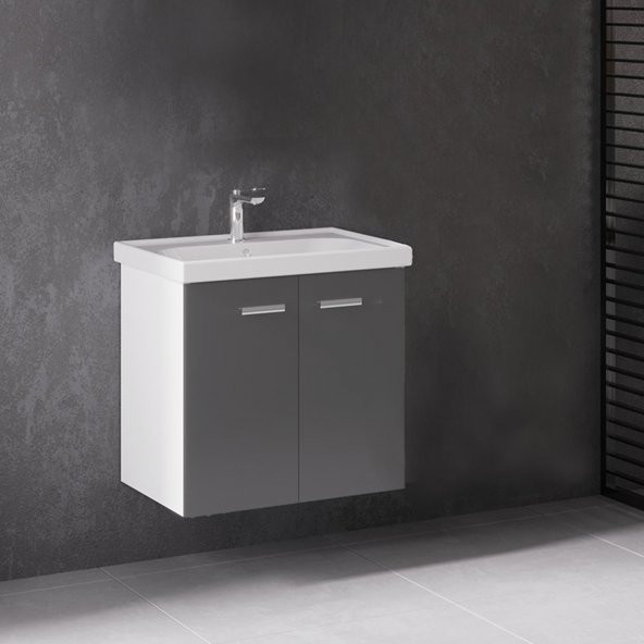 Denko Terra 60 cm MDF Antrasit Gri Banyo Dolabı Alt Modül ve Lavabo