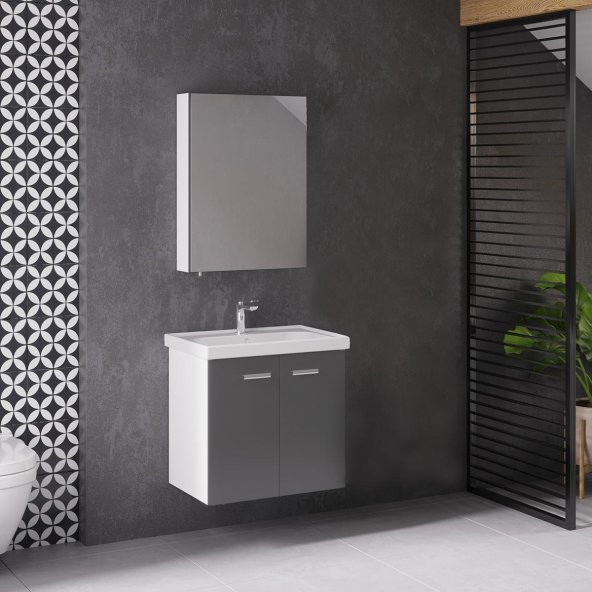 Denko Terra 60 cm MDF Antrasit Gri Banyo Dolabı Alt Modül ve Lavabo - 2