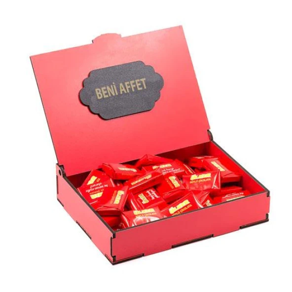 Sevdiklerinize Özel Kırmızı Ahşap Hediye Kutusunda 40 Adet Ülker Napoliten Çikolata ( Beni Affet Yazılı )