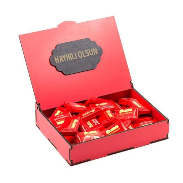 Sevdiklerinize Özel Kırmızı Ahşap Hediye Kutusunda 40 Adet Ülker Napoliten Çikolata ( Hayırlı Olsun Yazılı )