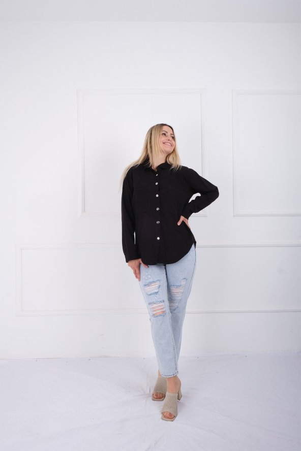 ÇİFT GENİŞ CEPLİ KETEN GÖMLEK - SİYAH