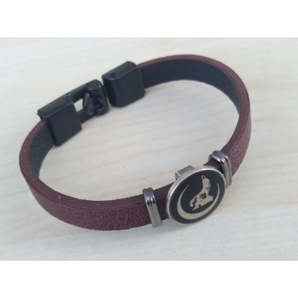 DERİ BİLEKLİK BOZKURT - HİLAL (ERKEK, BAYAN) KAHVERENGİ DERİ, METAL ARMALI