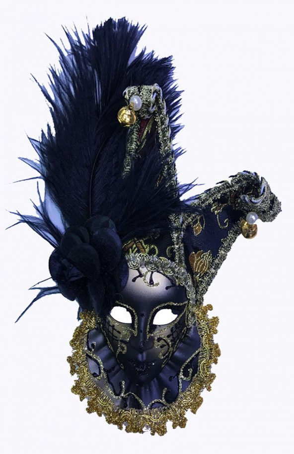 Parti Çıngıraklı Dekoratif Tüylü Seramik Maske Siyah Renk