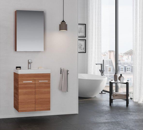 Orka Enez 55 cm Teak Banyo Dolabı Takımı