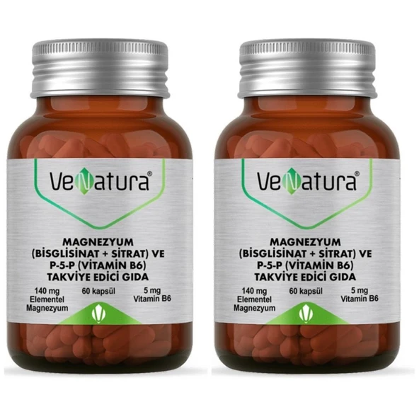 Venatura Magnezyum (Bisglisinat+Sitrat) ve P5P (Vitamin B6) 120 Kapsül