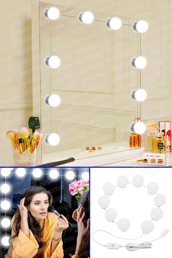 Hollywood Tarzı 10'lu Makyaj Aynası Led Lamba Seti | Usb Bağlantılı Led Işıklı Lamba Seti Beyaz 4 Metre