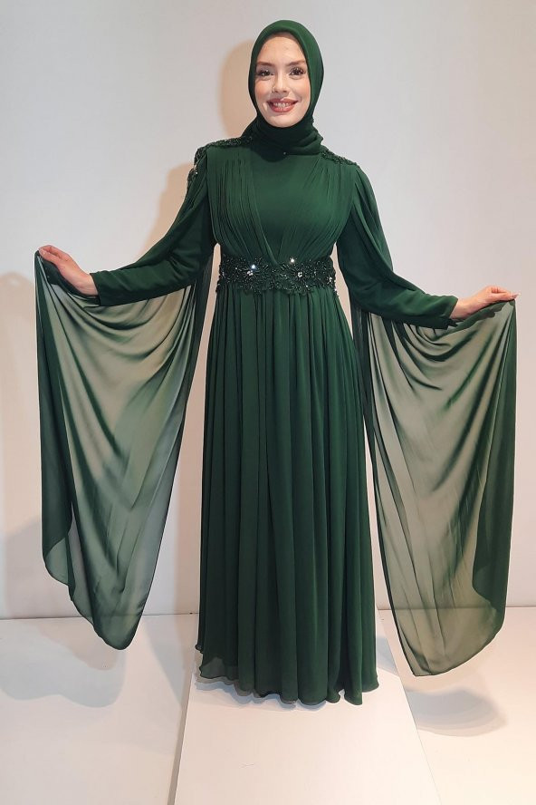 Tuana Uzun Şifon Kumaş Tesettür Abiye 16184 Yeşil