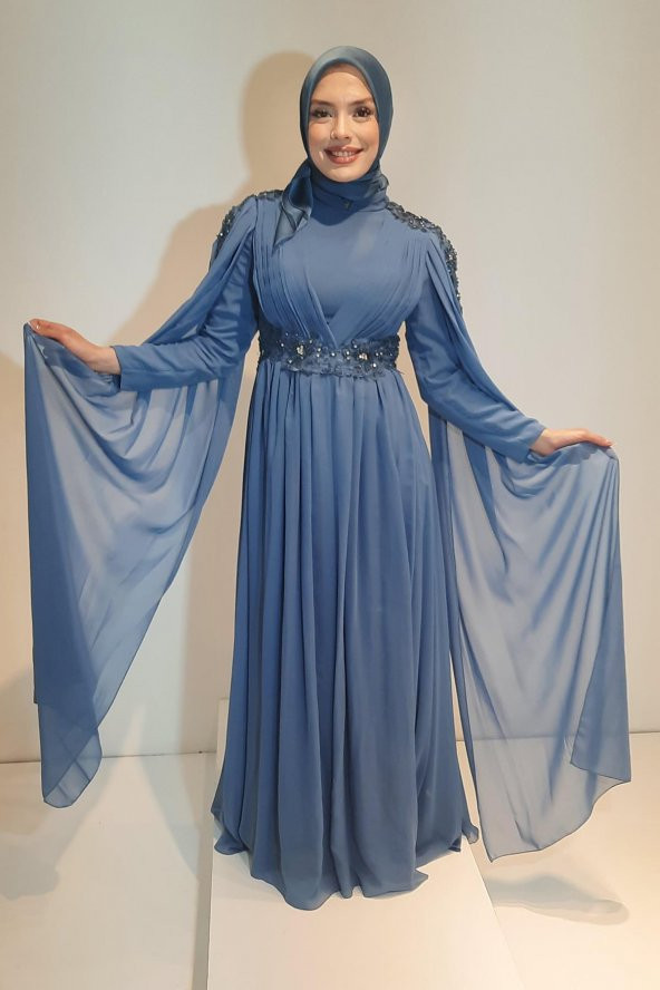 Tuana Uzun Şifon Kumaş Tesettür Abiye 16184 İndigo