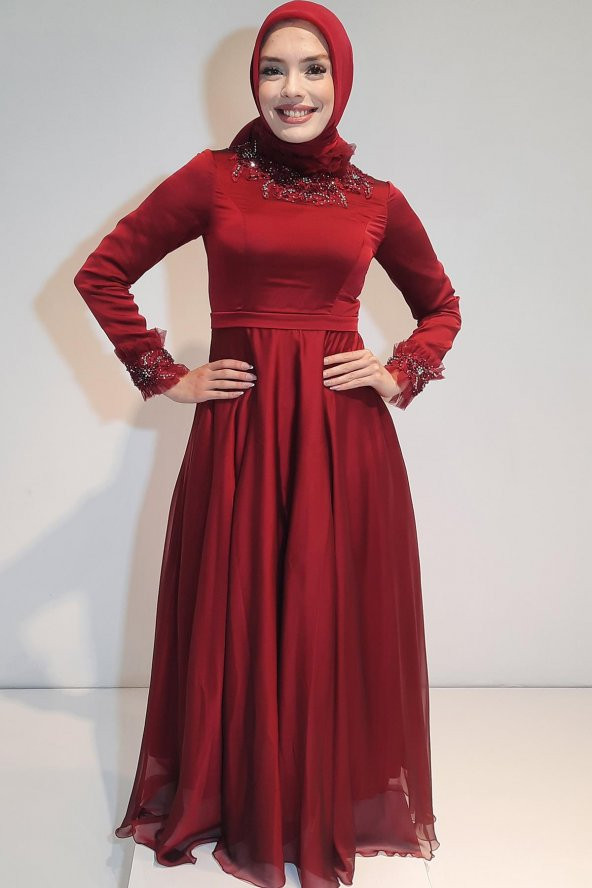Tuana Uzun Janjan Kumaş Tesettür Abiye 16535 Bordo