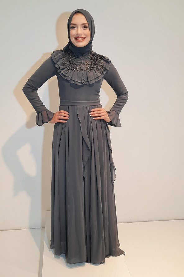 Tuana Uzun Simli Şifon Kumaş Tesettür Abiye 16815 Antrasit - 1