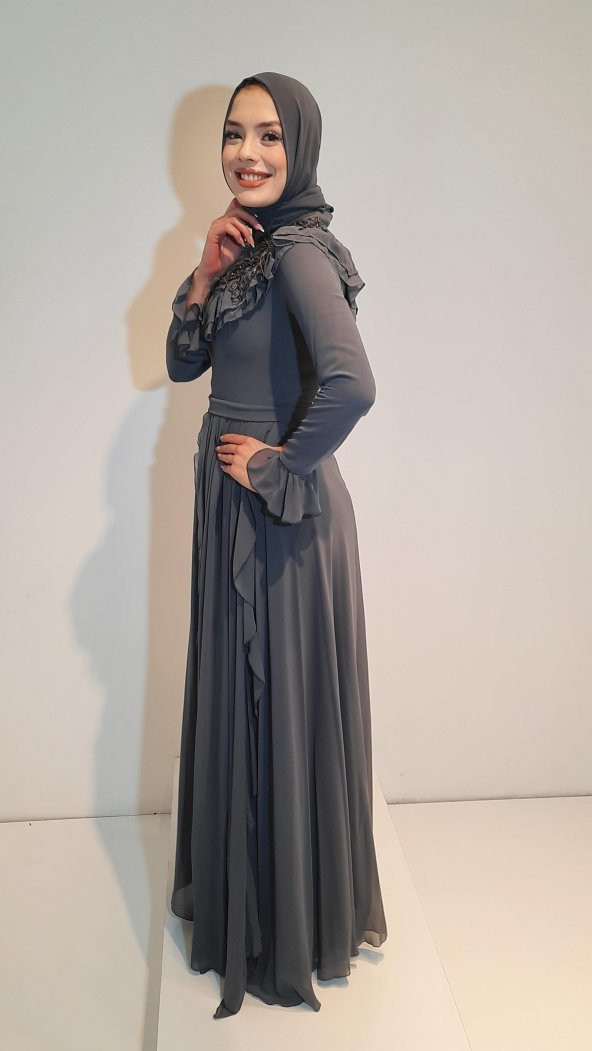 Tuana Uzun Simli Şifon Kumaş Tesettür Abiye 16815 Antrasit - 2